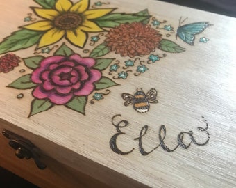 Personalised wooden Sunflower Jewellery Box with removable tray, Large keepsake box with pyrography floral design.