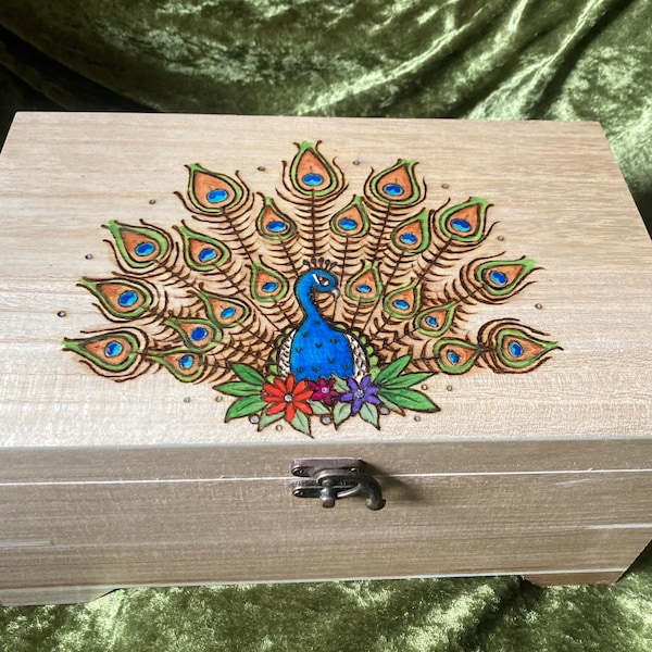 Personalised Fancy Peacock Jewellery Box with removable tray, Large wooden memory keepsake box with pyrography bird