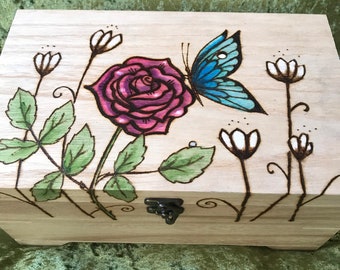 Personalised Butterfly and Rose Jewellery Box with removable tray, Large wooden memory keepsake box with pyrography floral design