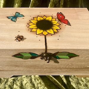Boîte à bijoux personnalisée tournesol scintillante avec plateau amovible, grande boîte à bijoux en bois, boîte souvenir tournesol
