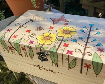 Personalised wooden Wildflower Jewellery Box with removable tray, Large keepsake box with pyrography floral design