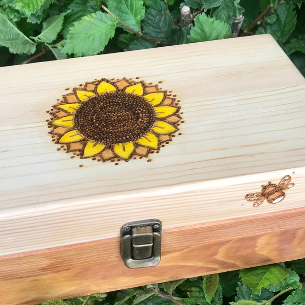 Sunflower Essential Oil storage box- wooden grid box for aromatherapy oils burned with bee and Sunflower -Free personalisation