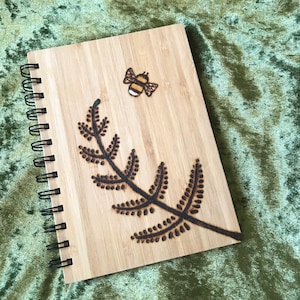 Fern and Bee Bamboo Notebook, eco wooden journal, pyrography burn