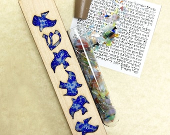 Doves Blue Wedding Mezuzah for Shards