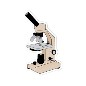 May include: A tan and black microscope sticker. The microscope has a black eyepiece, multiple objective lenses, and a stage. The base and arm are tan, with adjustment knobs and a light source. The sticker is outlined in white.