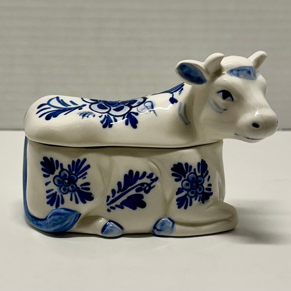 Vintage Delft Blue And White Porcelain Handpainted Cow Sugar Bowl Made In Holland