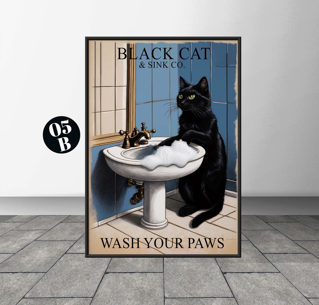 Black Cat Wash Your Paws Poster Bathroom Decoration Print Animal