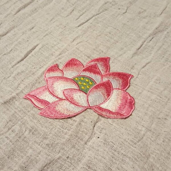 Medium Pink Lotus Blossom iron on embroidered patch Free US Shipping denim jacket backpack high end designer inspired Zen yoga aesthetic