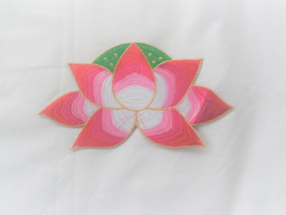 large pink green lotus blossom iron on embroidered patch free etsy
