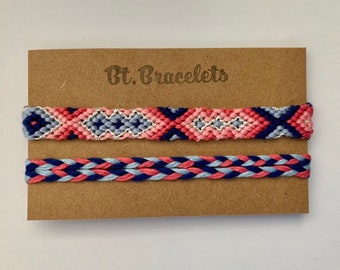 Set of 2 friendshipbracelets with silver thread pink/purple bracelets or anklets