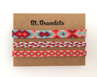 Set of 3 friendship bands red/blue/light pink bracelets or anklets
