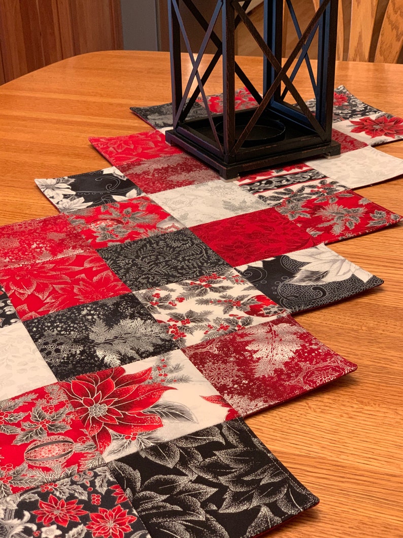 Christmas Table Runner Quilted Zig Zag Pattern Silver Red Black Holiday Flourish