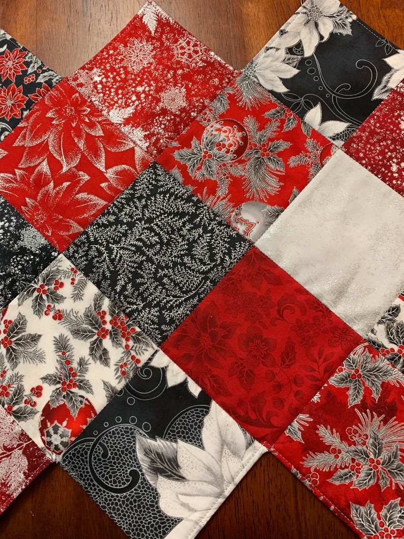 Christmas Table Runner Quilted Zig Zag Pattern Silver Red Black Holiday Flourish