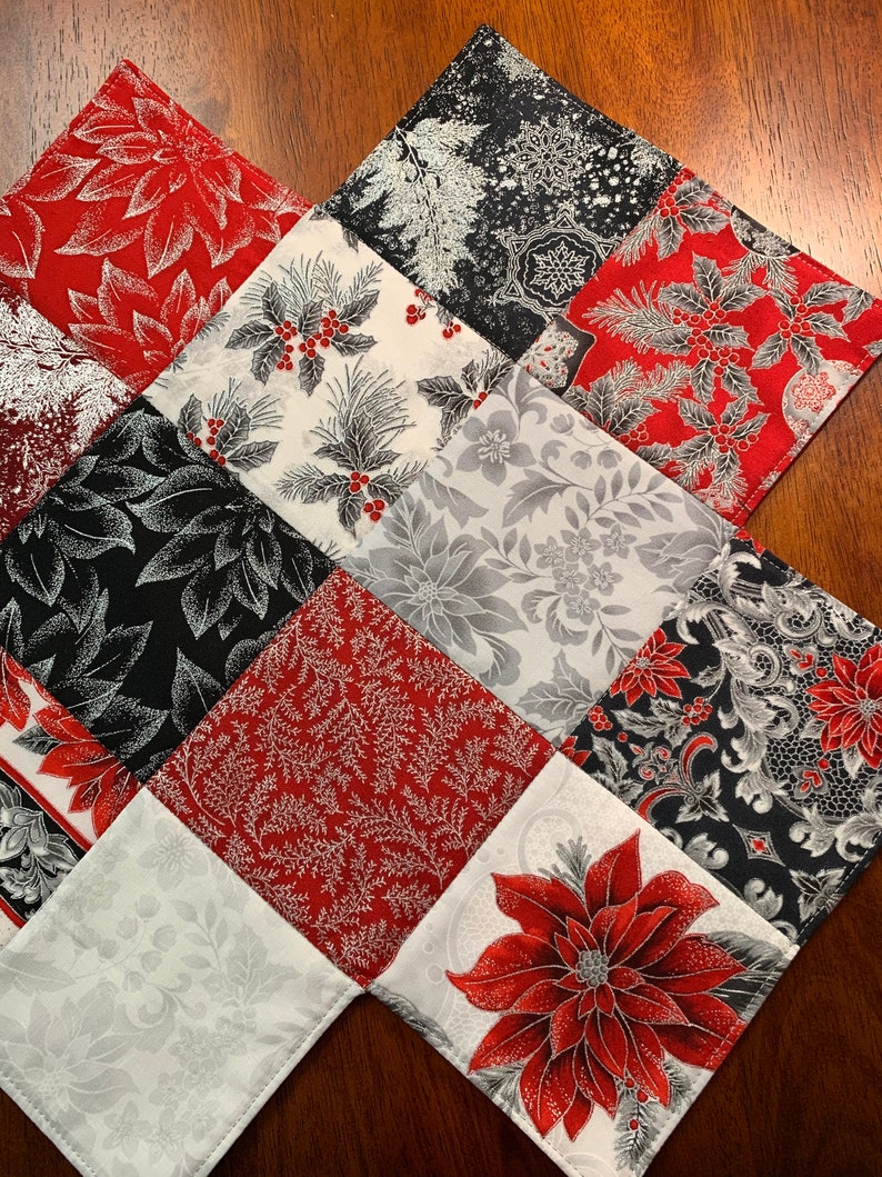 Christmas Table Runner Quilted Zig Zag Pattern Silver Red Black Holiday Flourish