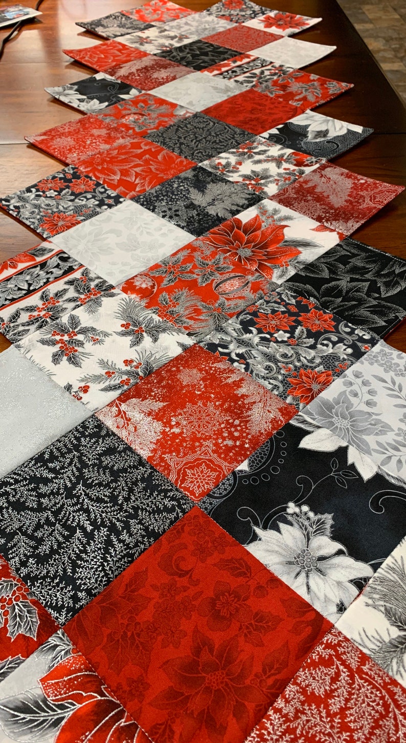 Christmas Table Runner Quilted Zig Zag Pattern Silver Red Black Holiday Flourish