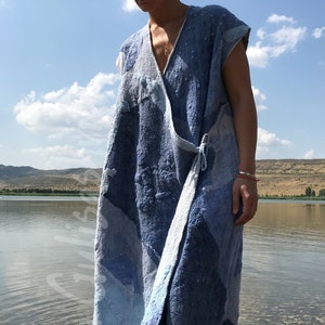 Plus size luxury   nuno felt  wrap dress.   Felted apparel   Designer  woolen wrap.   Eco fashion  woolen vest. Gift for her.  Unusual vest