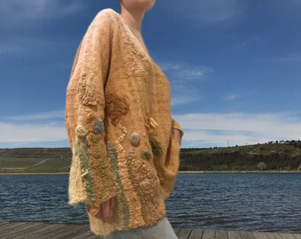 Handmade Nuno Felted Wool Blouse: Plus Size Orange Art Top