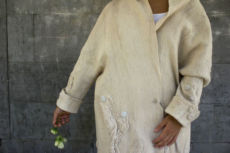 Minimalist Nuno Felt Handmade beige jacket, Wearable art Designer coat. image 8