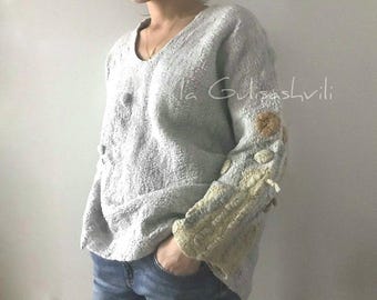 Handmade Nuno Felted Wool Pullover: Gray Wearable Art Clothing