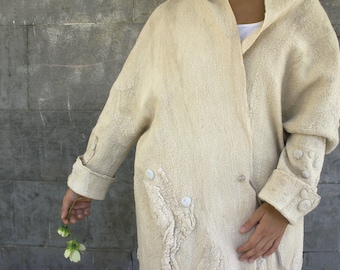 Minimalist Nuno Felt Handmade Beige Jacket, Wearable Art