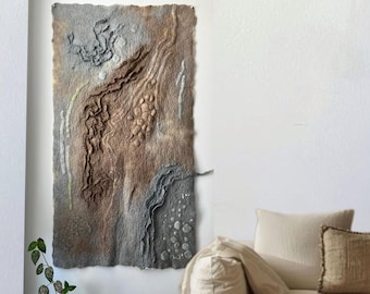 Sculptural Felted Wool Wall Hanging: 3D Textile Art, Earth Tones