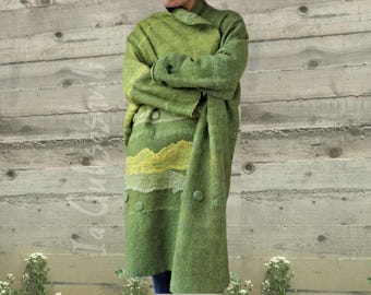 Green Nuno Felt Coat: Reversible Merino Wool Art Jacket (MADE TO ORDER)