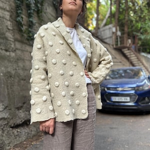 Short Felted Wool Coat – Oversized Warm Beige Jacket with 3D White Dots – Handcrafted Merino Wrap with Soft Shawl Collar. READY TO SHIP