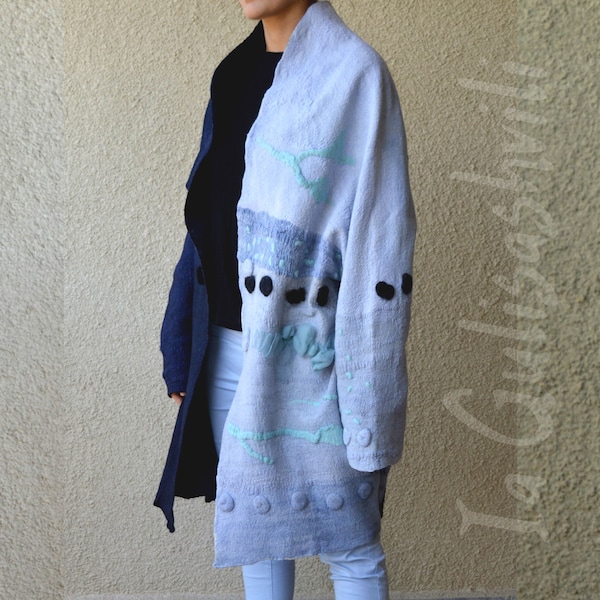 Plus size Hand Felted fall jacket.  Women  oversized  Nuno felt coat.  Wearable Art   Handmade Designer coat.