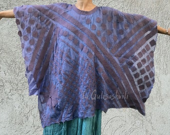 Nuno felt plus size purple poncho.  Handmade Unique Wool felted designer blouse.  Wearable art clothing.  Eco-fashion apparel