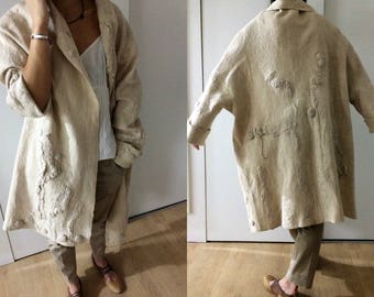 Minimalist Nuno Felt Handmade beige jacket, Wearable art  Designer coat.