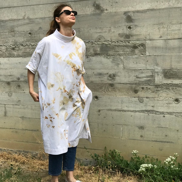 Plant-dyed cotton Tunic dress. Eco-print sustainable clothing