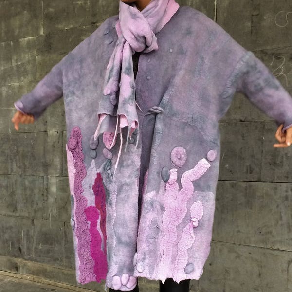 Nuno felt oversized gray-purple  coat, Felted coat, Wearable art wool  felted jacket,    Eco-fashion designer coat