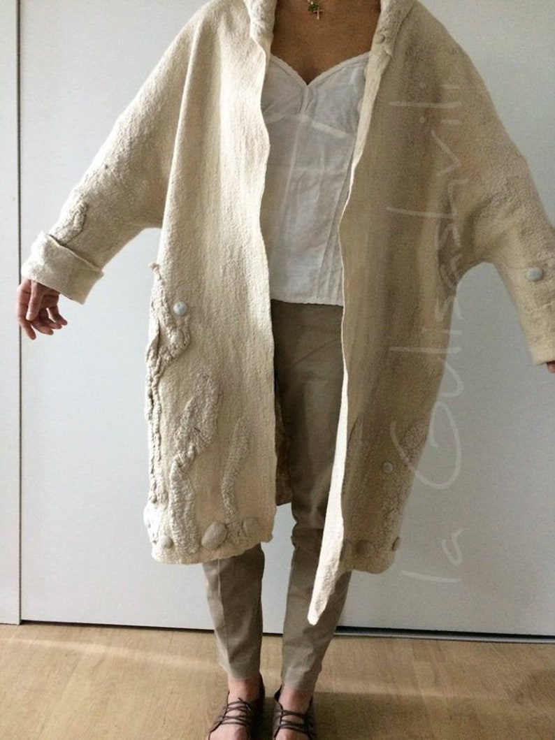 Minimalist Nuno Felt Handmade beige jacket, Wearable art Designer coat. image 4