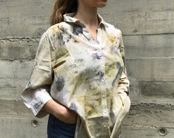 Cotton Batiste Eco printed collared t-shirt.   Women's   plant-dyed top, Sustainable clothing,  Eco-fashion.