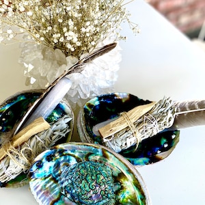 Smudging Kit includes Sage, Palo Santo, Selenite Crystal, Feather, and a beautiful large Abalone Shell.