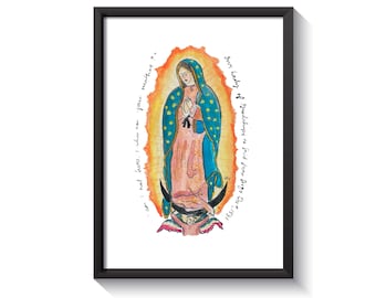 May include: A watercolor painting of Our Lady of Guadalupe, a religious figure in a blue and pink robe with a crown of stars. The painting is set against a yellow and orange background with the text "Our Lady of Guadalupe to find Juan Diego Dec 9, 1531" and "am I not here, I when am your mother?"