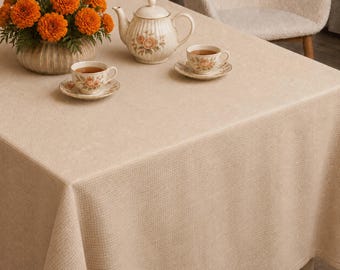 Solid Beige Tablecloth, Neutral Tan Table Linen | Minimal Dining Decor