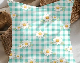 Pastel Floral Gingham Daisy Cottage Core Style Pillow