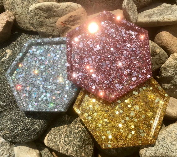 Hexagon Circle Square Glitter Resin Coasters Silver Rose Gold Gold