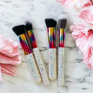 Rainbow andwhite luminous opal glass rhinestone makeup brushes set of 4. Premium synthetic bristles for foundation , contouring, powder etc.