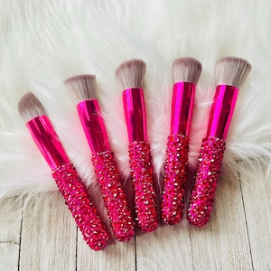 Hot Pink rhinestoned 5 piece Make-up brush set with premium fiber brushes bling makeup accessories bridal makeup bling brushes foundation