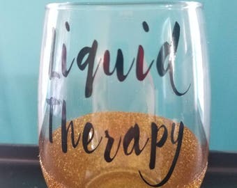 liquid therapy stemless wine glass with gold glitter dip sparkle. Wine Lover gift.  Bridal gift. Wine Gift. House warming gift