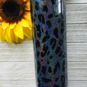 Black holographic glitter with black leopard spots epoxied tumbler with lid and straw Leopard lover stainless steel tumbler