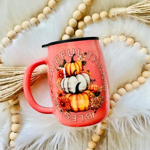 Grateful, thankful and blessed orange sparkle coffee mug 14 oz stainless steel with lid with pumpkin decal coffee lover gift cocoa accessory