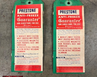 Pair of 1960's PRESTONE Anti-Freeze Dealer Tags - Gas & Oil