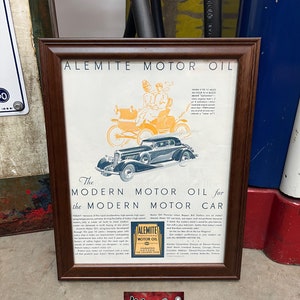 1930’s ALEMITE MOTOR OIL Wood Framed Print Ad - Gas & Oil Sign