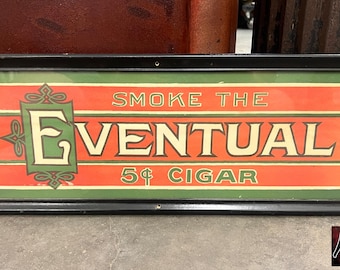 Letrero de papel enmarcado vintage de la década de 1920 de EVENTUAL CIGARS