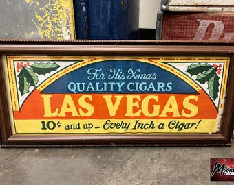 Vtg. 1920's LAS VEGAS CIGARS Framed Paper Sign - Christmas