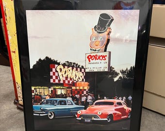 Vtg. PORKY'S DRIVE-IN / Hot Rods Electric Art Gallery Lighted Framed Photo