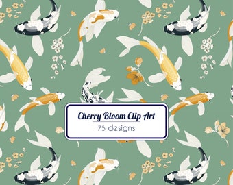 Clip Art- Koi Fish- Japanese Flower- Instant Download